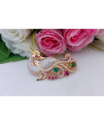 Mezmerising Designer Peacock Hair Clip Embellished by CZ, Ruby & Emerald Stones 1