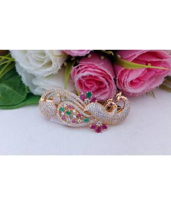 Mezmerising Designer Peacock Hair Clip Embellished by CZ, Ruby & Emerald Stones 1