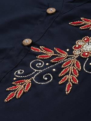 Blissta Women Navy Solid Kurta with Plazzo With Hand-Work Detailing 2