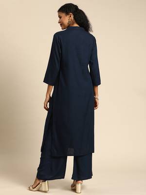 Blissta Women Navy Solid Kurta with Plazzo With Hand-Work Detailing 5