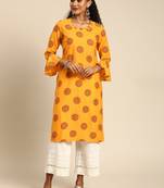 Straight Mustard Foil Printed Rayon Cotton Kurta For Girls's and Women's 