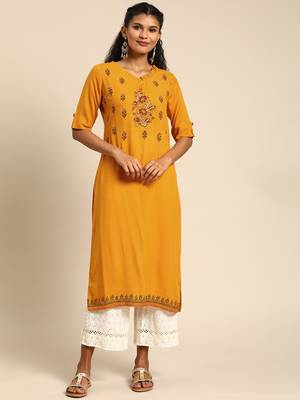 Kimisha Women's Rayon Slub Printed & Hand Work Straight Kurti (Mustard) 1