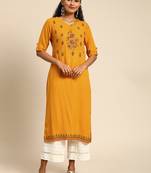Kimisha Women's Rayon Slub Printed & Hand Work Straight Kurti (Mustard)