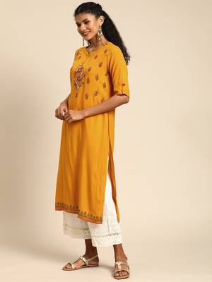 Kimisha Women's Rayon Slub Printed & Hand Work Straight Kurti (Mustard) 3