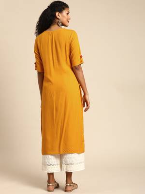 Kimisha Women's Rayon Slub Printed & Hand Work Straight Kurti (Mustard) 4