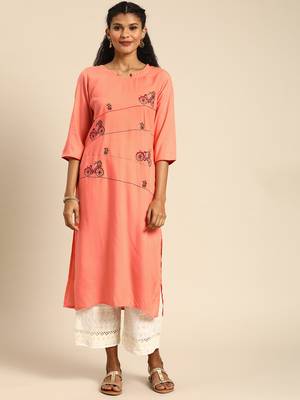 Rayon Embroidered Straight Kurti (Peach) 1