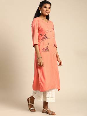 Rayon Embroidered Straight Kurti (Peach) 3
