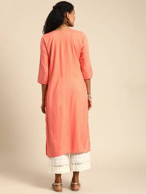 Rayon Embroidered Straight Kurti (Peach) 4