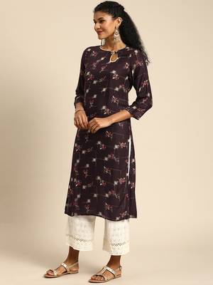 Rayon Printed Straight Kurti (Brown) 3
