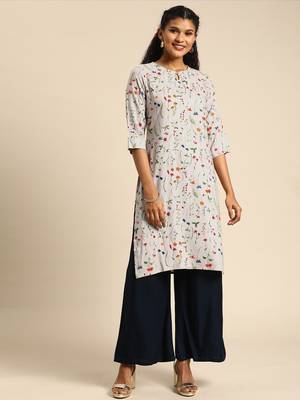 Kimisha Women's Rayon Printed Straight Kurti(Off-Wihte) 1