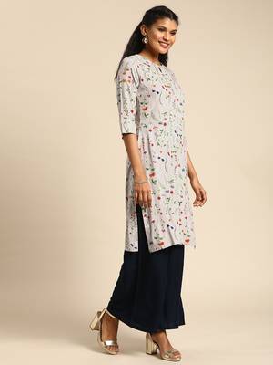 Kimisha Women's Rayon Printed Straight Kurti(Off-Wihte) 3