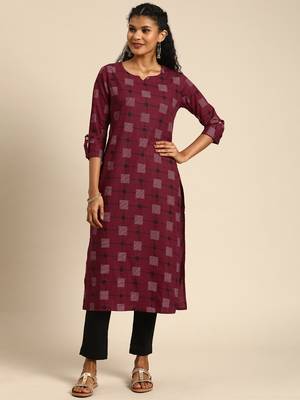 Kimisha Women's Cotton Printed Straight Kurti(Maroon) 1