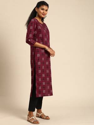 Kimisha Women's Cotton Printed Straight Kurti(Maroon) 3
