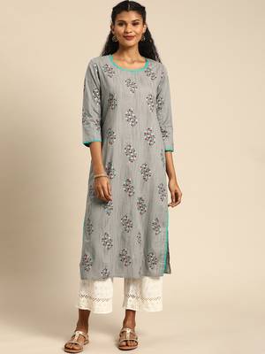 Kimisha Women's Grey Cotton Casual Wear Fancy Straight Kurta 1