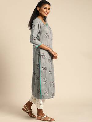 Kimisha Women's Grey Cotton Casual Wear Fancy Straight Kurta 3