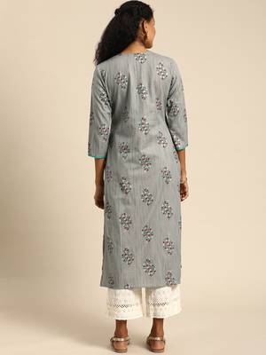 Kimisha Women's Grey Cotton Casual Wear Fancy Straight Kurta 4