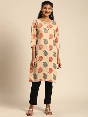 Kimisha Cotton Printed Straight Kurta(Beige) 1