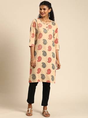Kimisha Cotton Printed Straight Kurta(Beige) 3