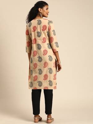 Kimisha Cotton Printed Straight Kurta(Beige) 4