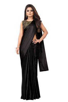 Black plain satin saree with blouse 1