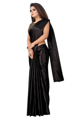 Black plain satin saree with blouse 2