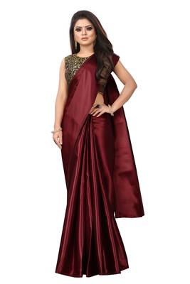 Maroon plain satin saree with blouse 1
