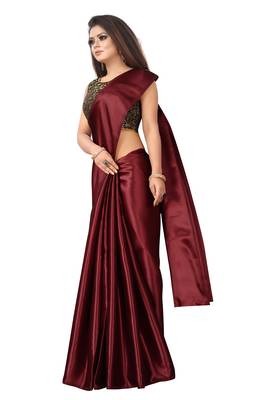 Maroon plain satin saree with blouse 2