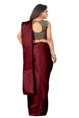 Maroon plain satin saree with blouse 3