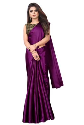 Wine plain satin saree with blouse 1