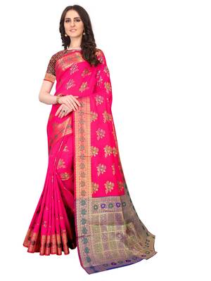 Pink woven silk saree with blouse 1