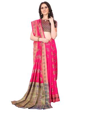 Pink woven silk saree with blouse 4
