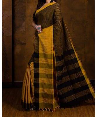 Yellow Hand Weaven Khadi Cotton  daily Wear Handloom Saree With Blouse 1