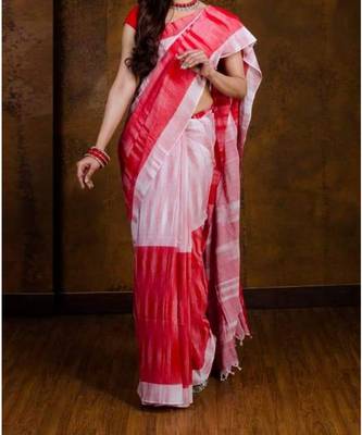 Red Hand Weaven Khadi Cotton  daily Wear Handloom Saree With Blouse 1