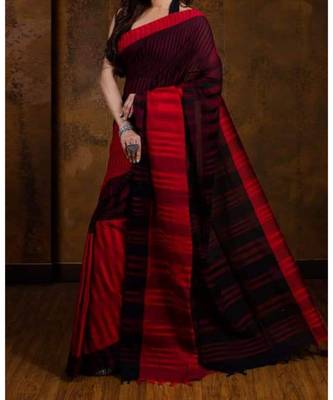 Black Hand Weaven Khadi Cotton  daily Wear Handloom Saree With Blouse 1