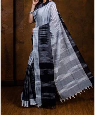Grey Melange Hand Weaven Khadi Cotton  daily Wear Handloom Saree With Blouse 1