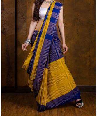 Blue Hand Weaven Khadi Cotton  daily Wear Handloom Saree With Blouse 1