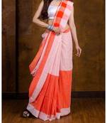 Orange Hand Weaven Khadi Cotton  daily Wear Handloom Saree With Blouse