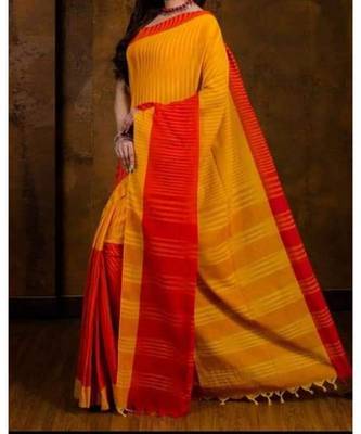 Yellow Hand Weaven Khadi Cotton  daily Wear Handloom Saree With Blouse 1