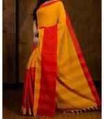 Yellow Hand Weaven Khadi Cotton  daily Wear Handloom Saree With Blouse