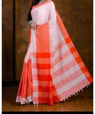 Orange Hand Weaven Khadi Cotton  daily Wear Handloom Saree With Blouse 1