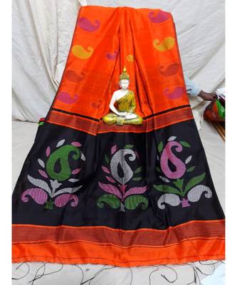 Orange Jamdani Work Cotton Silk Handloom Saree With Blouse 1