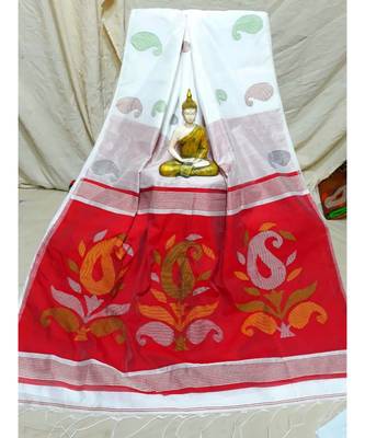 White Jamdani Work Cotton Silk Handloom Saree With Blouse 1