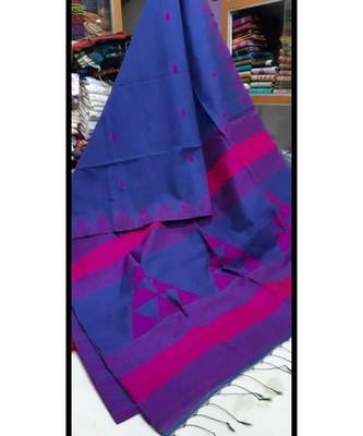 Blue Triangle Design Hand Weaven Cotton Silk Handloom Saree With Blouse 1