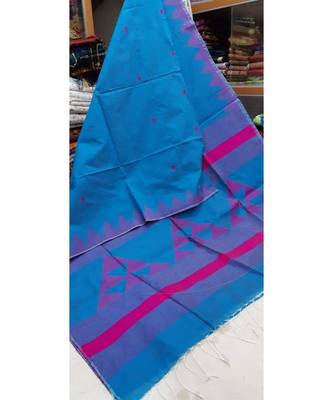 Turquoise Triangle Design Hand Weaven Cotton Silk Handloom Saree With Blouse 1