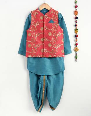 Blue art silk boys-dhoti-kurta with embroidered jacket  1