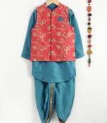 Blue art silk boys-dhoti-kurta with embroidered jacket 