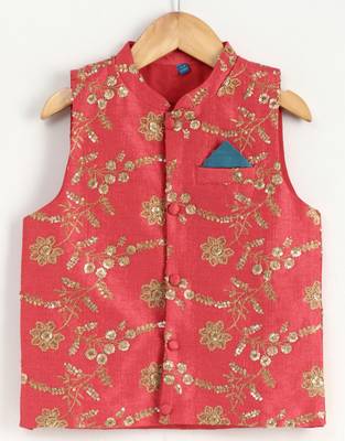 Blue art silk boys-dhoti-kurta with embroidered jacket  4