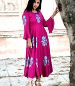 Rani-pink printed rayon kurtas-and-kurtis