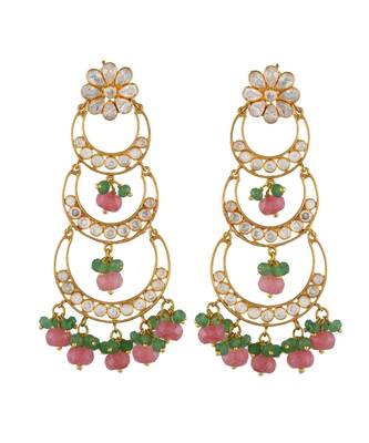 green peach three step chand bali pattern stylish earring 1