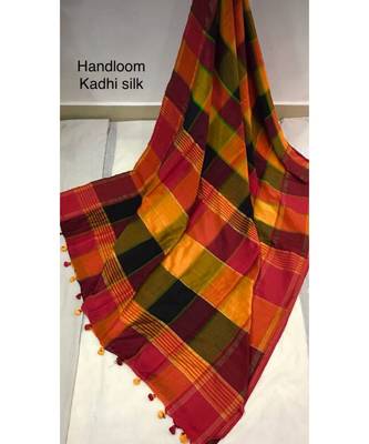 Multicoloured Check DesignKhadi Silk Handloom Saree With Blouse 1